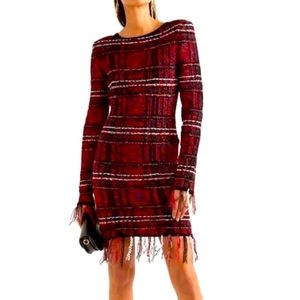 $2,240 Balmain Tweed Fringe Dress In Red Gold Check 36FR/ 4US